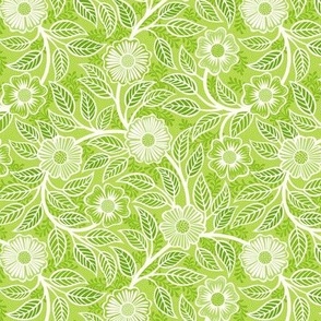 40 Soft Spring- Victorian Floral- Off White on Lime Green- Climbing Vine with Flowers- Petal Signature Solids- Bright Green- Natural- William Morris Wallpaper- Mini