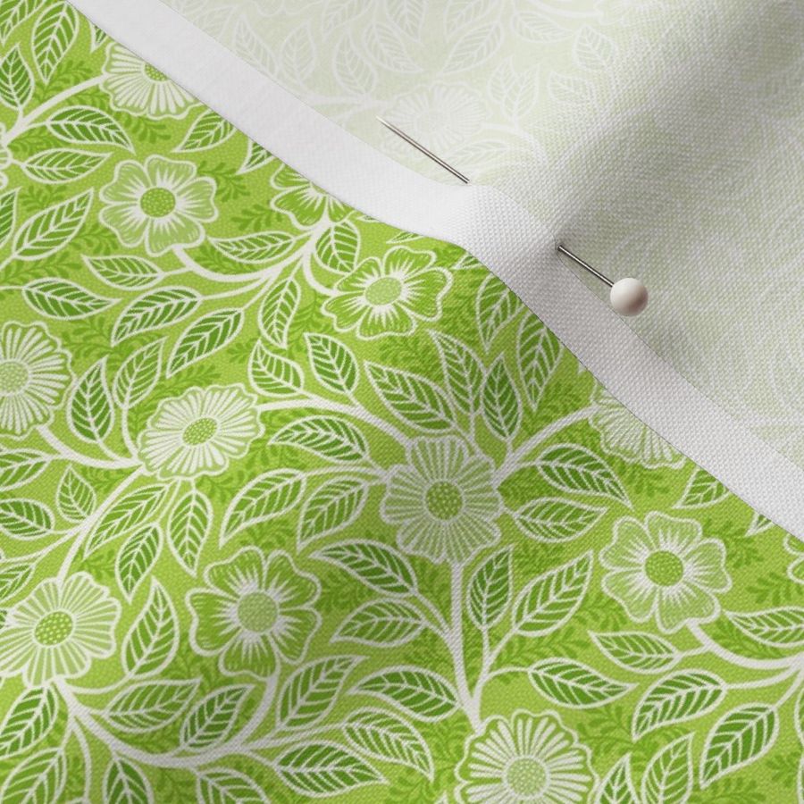 40 Soft Spring- Victorian Floral- Off White on Lime Green- Climbing Vine with Flowers- Petal Signature Solids- Bright Green- Natural- William Morris Wallpaper- Micro