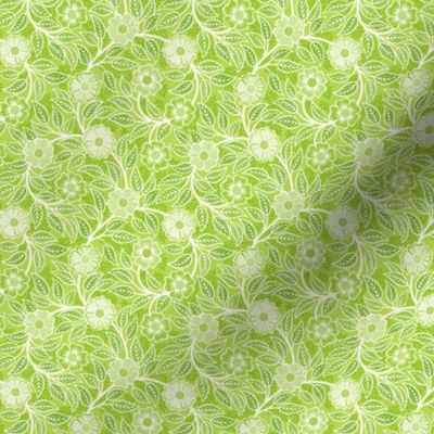 40 Soft Spring- Victorian Floral- Off White on Lime Green- Climbing Vine with Flowers- Petal Signature Solids- Bright Green- Natural- William Morris Wallpaper- Micro