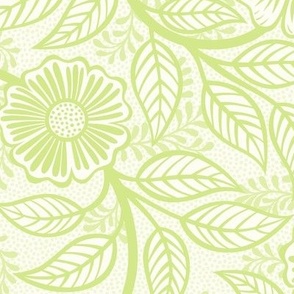 41 Soft Spring- Victorian Floral- Honeydew Green on Off White- Climbing Vine with Flowers- Petal Signature Solids- Bright Pastel Green- Natural- William Morris Wallpaper- Medium