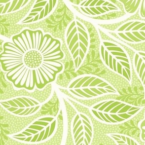 41 Soft Spring- Victorian Floral- Off White on Honeydew Green- Climbing Vine with Flowers- Petal Signature Solids- Bright Pastel Green- Natural- William Morris Wallpaper- Medium