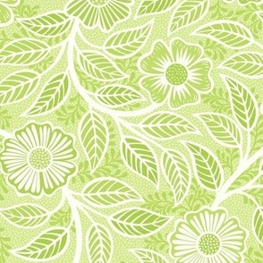 41 Soft Spring- Victorian Floral- Off White on Honeydew Green- Climbing Vine with Flowers- Petal Signature Solids- Bright Pastel Green- Natural- William Morris Wallpaper- Small