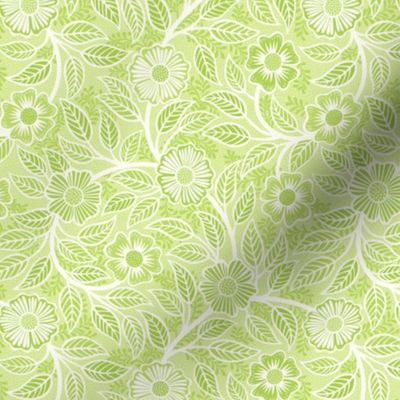 41 Soft Spring- Victorian Floral- Off White on Honeydew Green- Climbing Vine with Flowers- Petal Signature Solids- Bright Pastel Green- Natural- William Morris Wallpaper- Mini