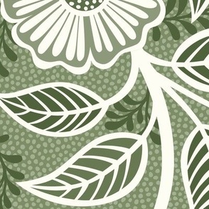 42 Soft Spring- Victorian Floral- Off White on Sage Green- Climbing Vine with Flowers- Petal Signature Solids- Earthy Green- Olive- Moss- Natural- William Morris Wallpaper- Extra Large