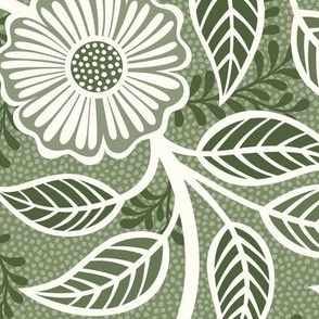 42 Soft Spring- Victorian Floral- Off White on Sage Green- Climbing Vine with Flowers- Petal Signature Solids- Earthy Green- Olive- Moss- Natural- William Morris Wallpaper- Large