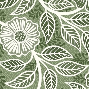 42 Soft Spring- Victorian Floral- Off White on Sage Green- Climbing Vine with Flowers- Petal Signature Solids- Earthy Green- Olive- Moss- Natural- William Morris Wallpaper- Medium