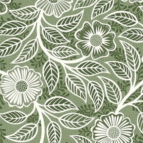 42 Soft Spring- Victorian Floral- Off White on Sage Green- Climbing Vine with Flowers- Petal Signature Solids- Earthy Green- Olive- Moss- Natural- William Morris Wallpaper- Small