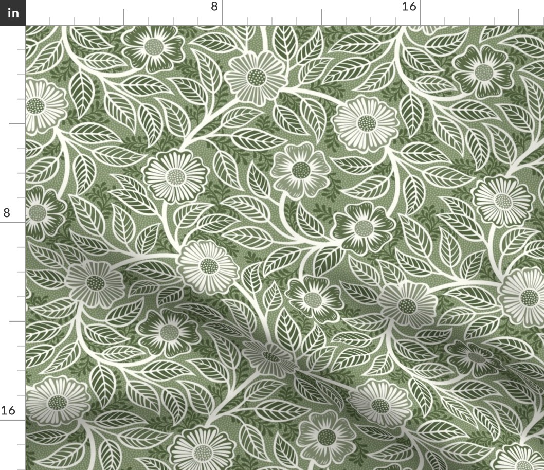 42 Soft Spring- Victorian Floral- Off White on Sage Green- Climbing Vine with Flowers- Petal Signature Solids- Earthy Green- Olive- Moss- Natural- William Morris Wallpaper- Small