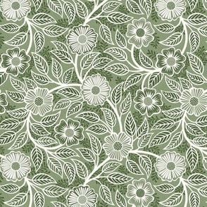 42 Soft Spring- Victorian Floral- Off White on Sage Green- Climbing Vine with Flowers- Petal Signature Solids- Earthy Green- Olive- Moss- Natural- William Morris Wallpaper- Mini