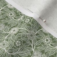 42 Soft Spring- Victorian Floral- Off White on Sage Green- Climbing Vine with Flowers- Petal Signature Solids- Earthy Green- Olive- Moss- Natural- William Morris Wallpaper- Micro