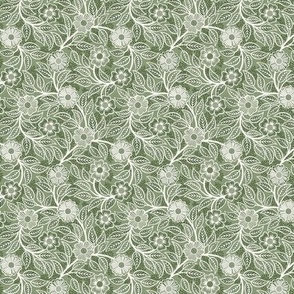 42 Soft Spring- Victorian Floral- Off White on Sage Green- Climbing Vine with Flowers- Petal Signature Solids- Earthy Green- Olive- Moss- Natural- William Morris Wallpaper- Micro