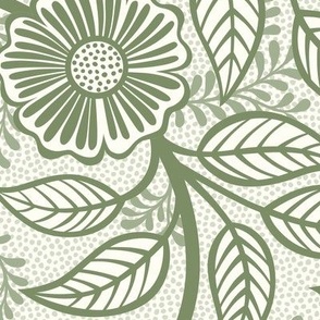 42 Soft Spring- Victorian Floral- Sage Green on Off White- Climbing Vine with Flowers- Petal Signature Solids- Earthy Green- Olive- Moss- Natural- William Morris Wallpaper- Large