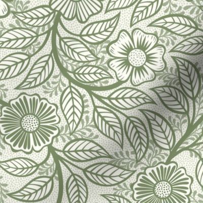 42 Soft Spring- Victorian Floral- Sage Green on Off White- Climbing Vine with Flowers- Petal Signature Solids- Earthy Green- Olive- Moss- Natural- William Morris Wallpaper- Small