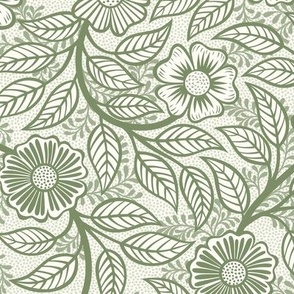 42 Soft Spring- Victorian Floral- Sage Green on Off White- Climbing Vine with Flowers- Petal Signature Solids- Earthy Green- Olive- Moss- Natural- William Morris Wallpaper- Small