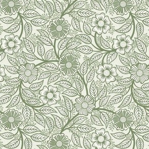 42 Soft Spring- Victorian Floral- Sage Green on Off White- Climbing Vine with Flowers- Petal Signature Solids- Earthy Green- Olive- Moss- Natural- William Morris Wallpaper- Mini
