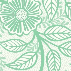43 Soft Spring- Victorian Floral- Jade Green on Off White- Climbing Vine with Flowers- Petal Signature Solids- Mint Green- Pastel Green- Natural- William Morris Wallpaper- Large