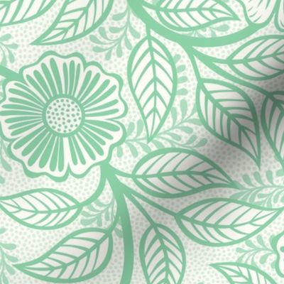 43 Soft Spring- Victorian Floral- Jade Green on Off White- Climbing Vine with Flowers- Petal Signature Solids- Mint Green- Pastel Green- Natural- William Morris Wallpaper- Medium