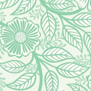 43 Soft Spring- Victorian Floral- Jade Green on Off White- Climbing Vine with Flowers- Petal Signature Solids- Mint Green- Pastel Green- Natural- William Morris Wallpaper- Medium