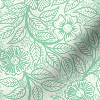43 Soft Spring- Victorian Floral- Jade Green on Off White- Climbing Vine with Flowers- Petal Signature Solids- Mint Green- Pastel Green- Natural- William Morris Wallpaper- Small