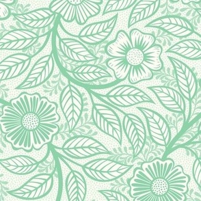 43 Soft Spring- Victorian Floral- Jade Green on Off White- Climbing Vine with Flowers- Petal Signature Solids- Mint Green- Pastel Green- Natural- William Morris Wallpaper- Small