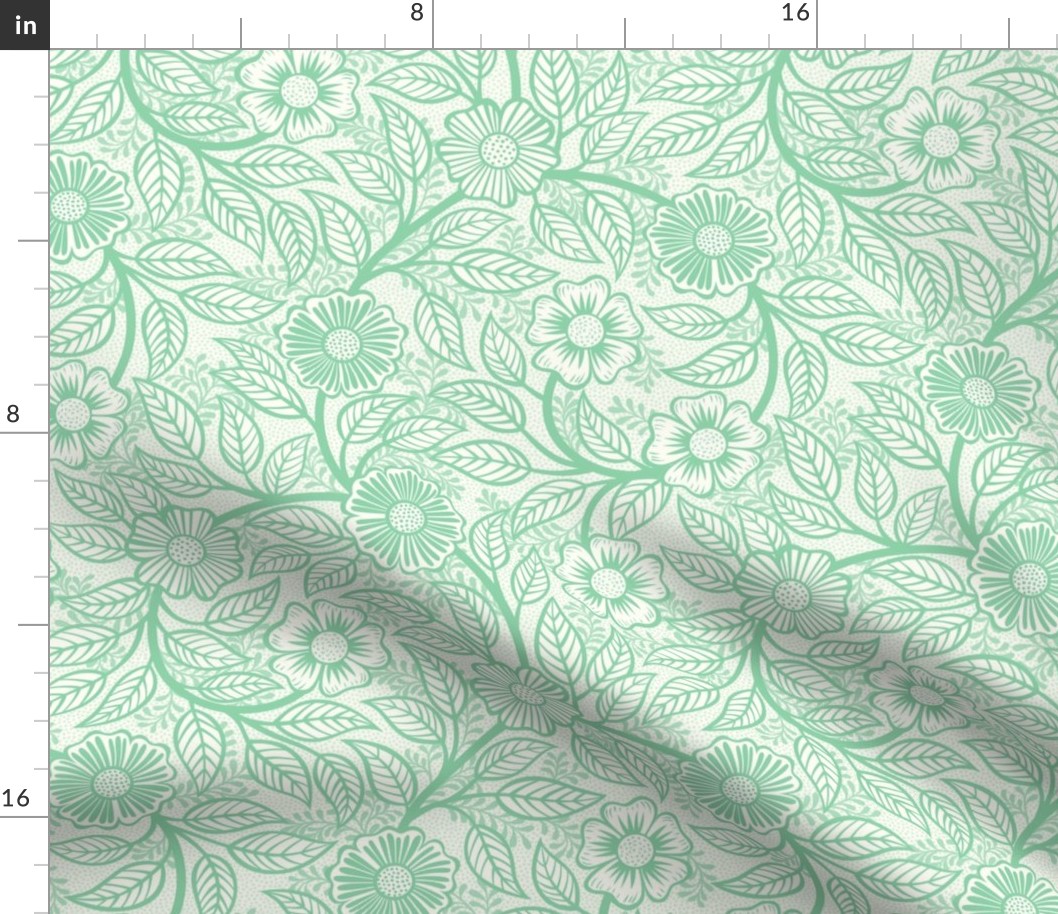 43 Soft Spring- Victorian Floral- Jade Green on Off White- Climbing Vine with Flowers- Petal Signature Solids- Mint Green- Pastel Green- Natural- William Morris Wallpaper- Small