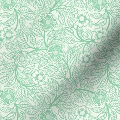43 Soft Spring- Victorian Floral- Jade Green on Off White- Climbing Vine with Flowers- Petal Signature Solids- Mint Green- Pastel Green- Natural- William Morris Wallpaper- Mini
