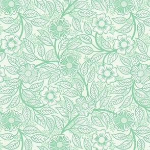 43 Soft Spring- Victorian Floral- Jade Green on Off White- Climbing Vine with Flowers- Petal Signature Solids- Mint Green- Pastel Green- Natural- William Morris Wallpaper- Mini