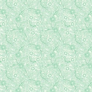 43 Soft Spring- Victorian Floral- Jade Green on Off White- Climbing Vine with Flowers- Petal Signature Solids- Mint Green- Pastel Green- Natural- William Morris Wallpaper- Micro