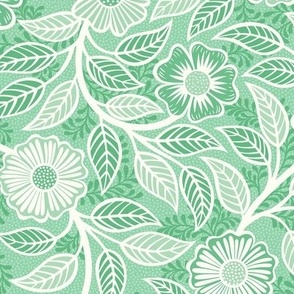 43 Soft Spring- Victorian Floral- Off White on Jade Green- Climbing Vine with Flowers- Petal Signature Solids- Mint Green- Pastel Green- Natural- William Morris Wallpaper- Small