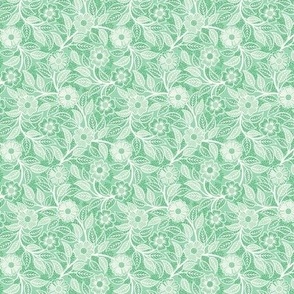 43 Soft Spring- Victorian Floral- Off White on Jade Green- Climbing Vine with Flowers- Petal Signature Solids- Mint Green- Pastel Green- Natural- William Morris Wallpaper- Micro