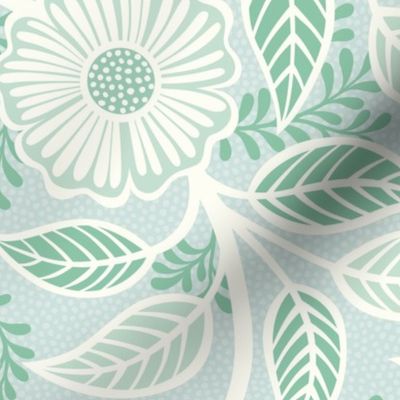 44 Soft Spring- Victorian Floral- Off White on Sea Glass Green- Climbing Vine with Flowers- Petal Signature Solids- Mint Green- Pastel Green- Natural- William Morris Wallpaper- Large