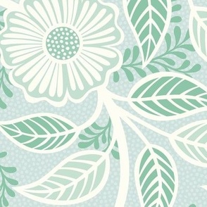 44 Soft Spring- Victorian Floral- Off White on Sea Glass Green- Climbing Vine with Flowers- Petal Signature Solids- Mint Green- Pastel Green- Natural- William Morris Wallpaper- Large