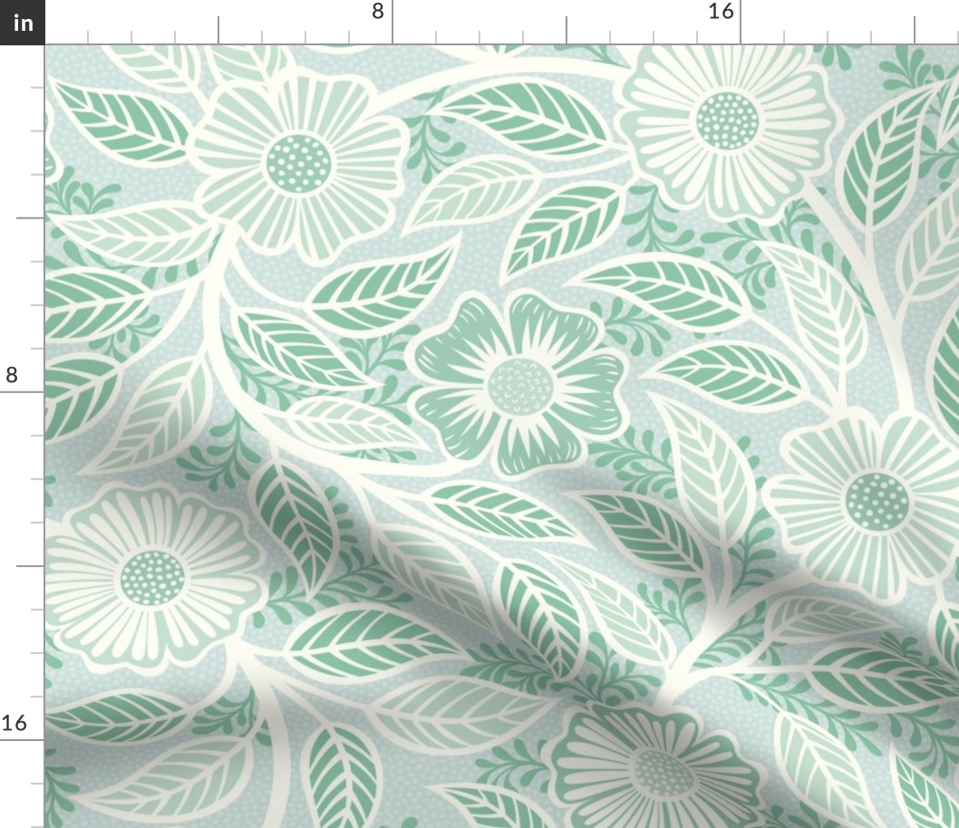 44 Soft Spring- Victorian Floral- Off White on Sea Glass Green- Climbing Vine with Flowers- Petal Signature Solids- Mint Green- Pastel Green- Natural- William Morris Wallpaper- Large