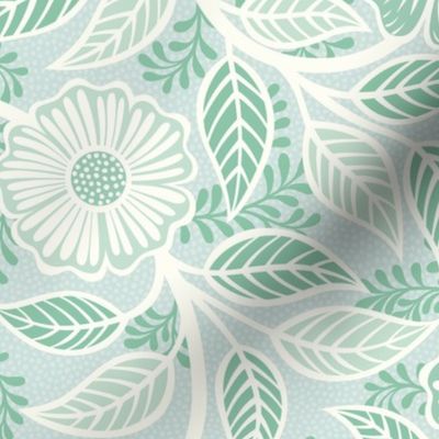 44 Soft Spring- Victorian Floral- Off White on Sea Glass Green- Climbing Vine with Flowers- Petal Signature Solids- Mint Green- Pastel Green- Natural- William Morris Wallpaper- Medium