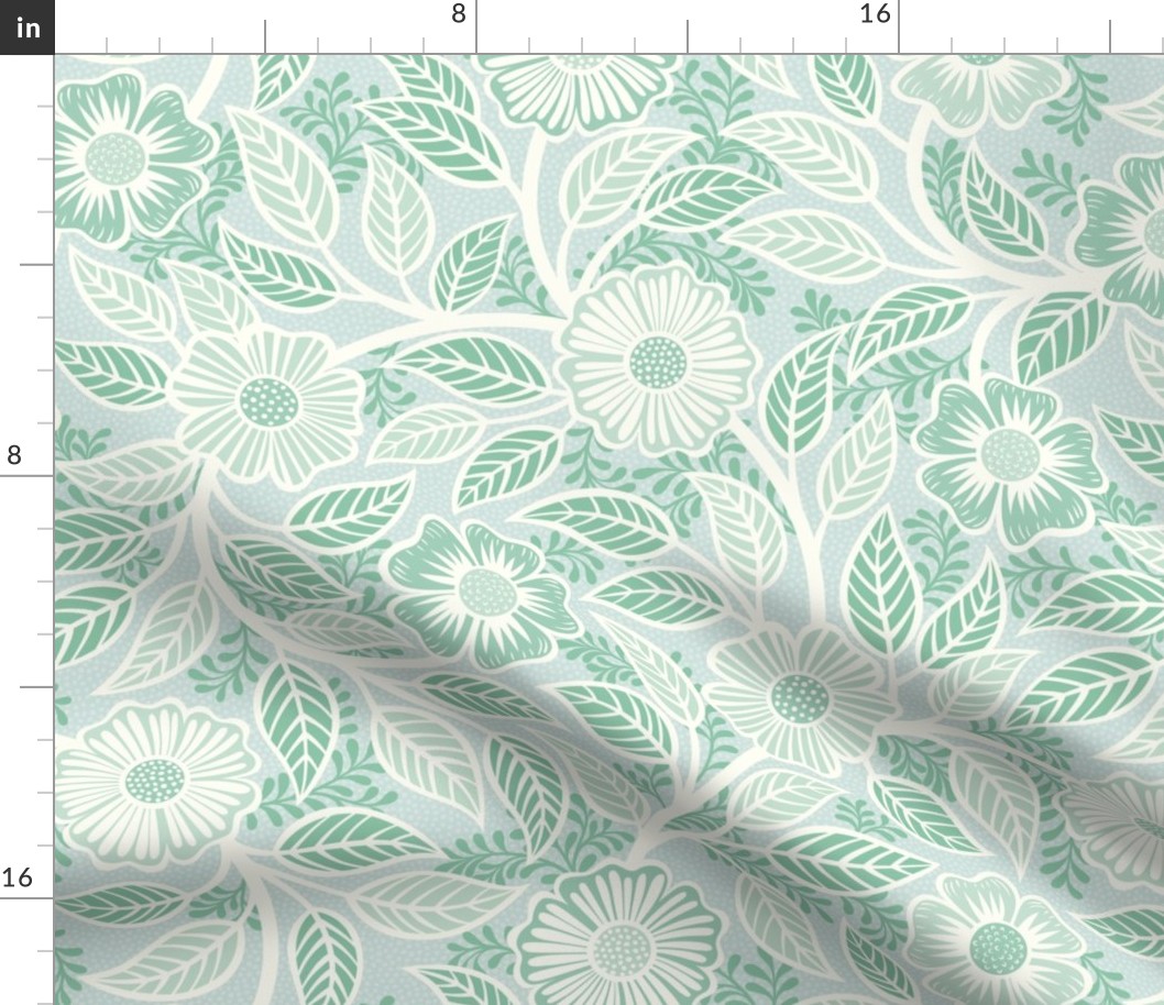 44 Soft Spring- Victorian Floral- Off White on Sea Glass Green- Climbing Vine with Flowers- Petal Signature Solids- Mint Green- Pastel Green- Natural- William Morris Wallpaper- Medium