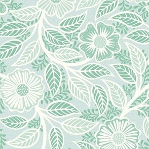 44 Soft Spring- Victorian Floral- Off White on Sea Glass Green- Climbing Vine with Flowers- Petal Signature Solids- Mint Green- Pastel Green- Natural- William Morris Wallpaper- Small