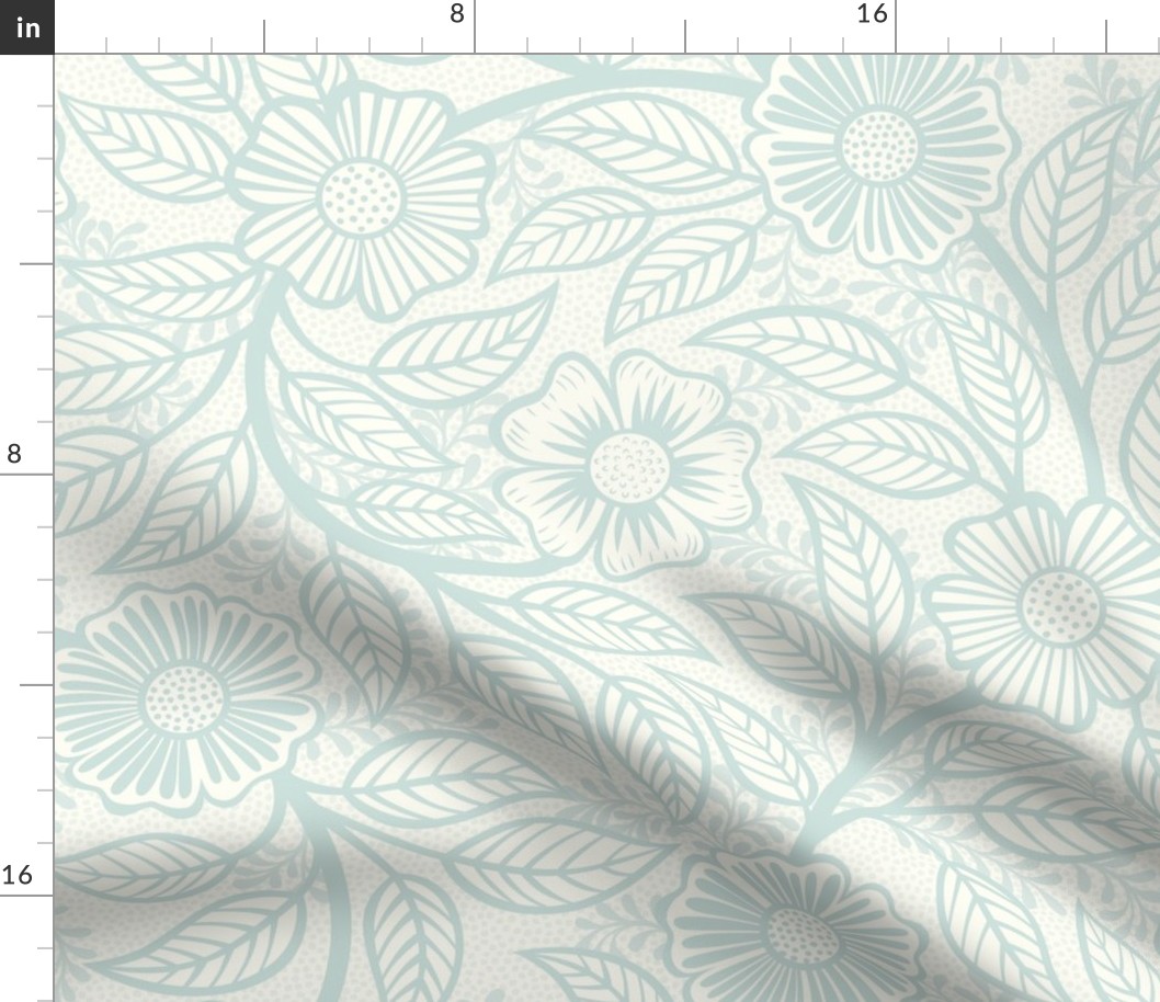 44 Soft Spring- Victorian Floral- Sea Glass Green on Off White- Climbing Vine with Flowers- Petal Signature Solids- Mint Green- Pastel Green- Natural- William Morris Wallpaper- Large