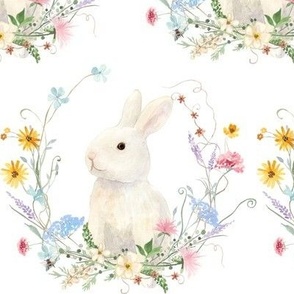 Spring Easter Bunny Wildflowers Floral Watercolor Sunflower Pink Blue Yellow MED