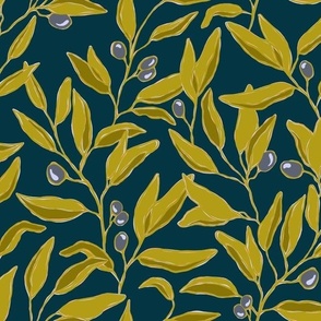 Painterly Olive Branches in Deep Teal, Bright Green, and Grey