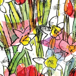 Fresh Spring Garden Red Tulips & Yellow Daffodils 