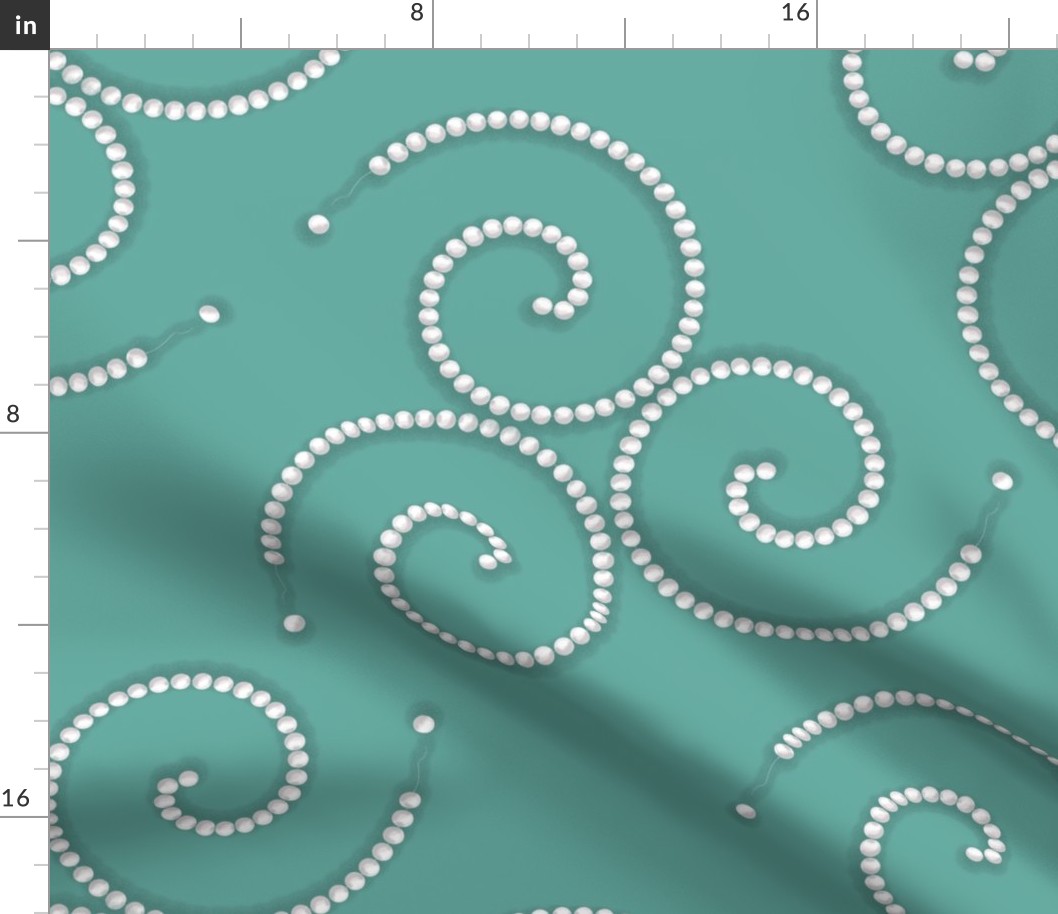 TPST1 - Spiraling Triplet Strands of Pearls on Blue-Green Background - 21 inch fabric repeat - 12 inch wallpaper repeat - seamless - non-directional