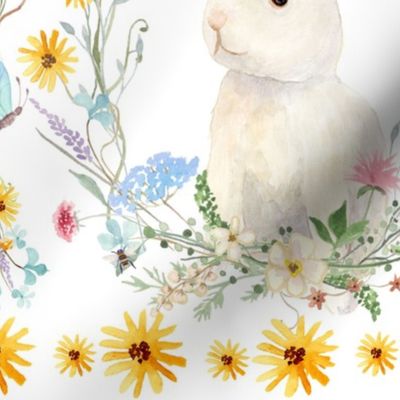 Spring Easter Bunny Rabbit Wildflowers Floral Watercolor Sunflower Pink Blue Yellow JUMBO 24