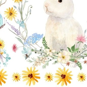 Spring Easter Bunny Rabbit Wildflowers Floral Watercolor Sunflower Pink Blue Yellow JUMBO 24