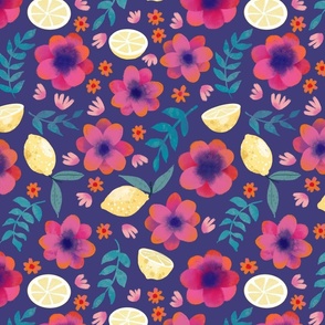 pink floral with lemons on dark purple medium