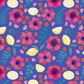 pink floral with lemons on light purple medium