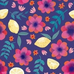 pink floral with lemons dark purple small