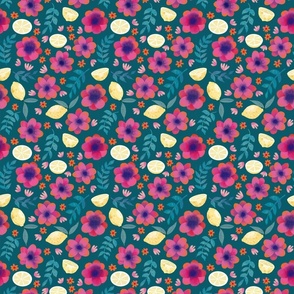 pink floral with lemons on green small