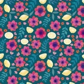 pink floral with lemons on green mini