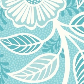 45 Soft Spring- Victorian Floral- Off White on Pool Blue- Climbing Vine with Flowers- Petal Signature Solids- Turquoise Blue- Light Bright Pastel Blue- Natural- William Morris Wallpaper- Extra Large