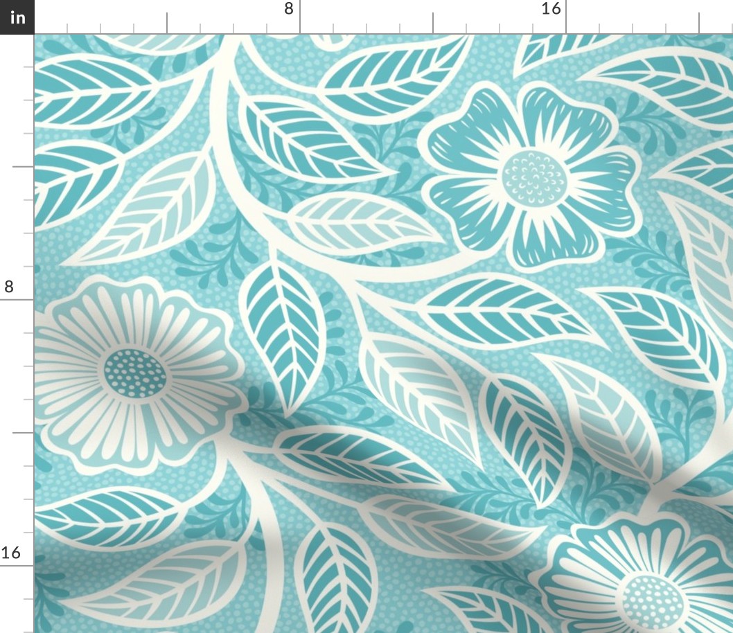 45 Soft Spring- Victorian Floral- Off White on Pool Blue- Climbing Vine with Flowers- Petal Signature Solids- Turquoise Blue- Light Bright Pastel Blue- Natural- William Morris Wallpaper- Extra Large